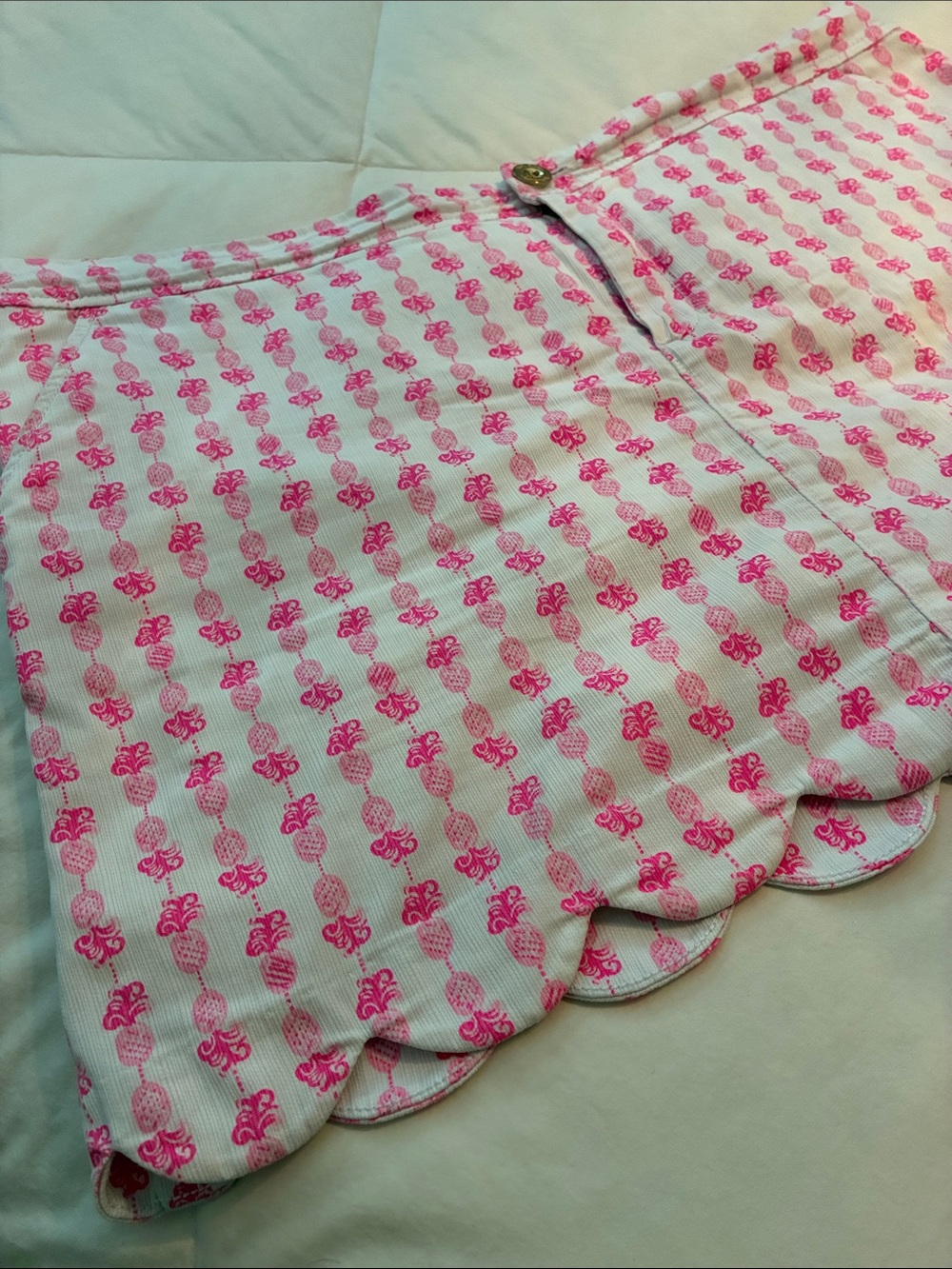 Lilly Pulitzer White Skort with Hot Pink Pineapple Print and Scallop Hem.